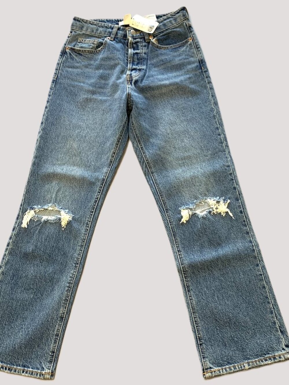 NEW H&M Blue Jeans Women Straight Leg Size 4 High Waist Button Fly Distressed